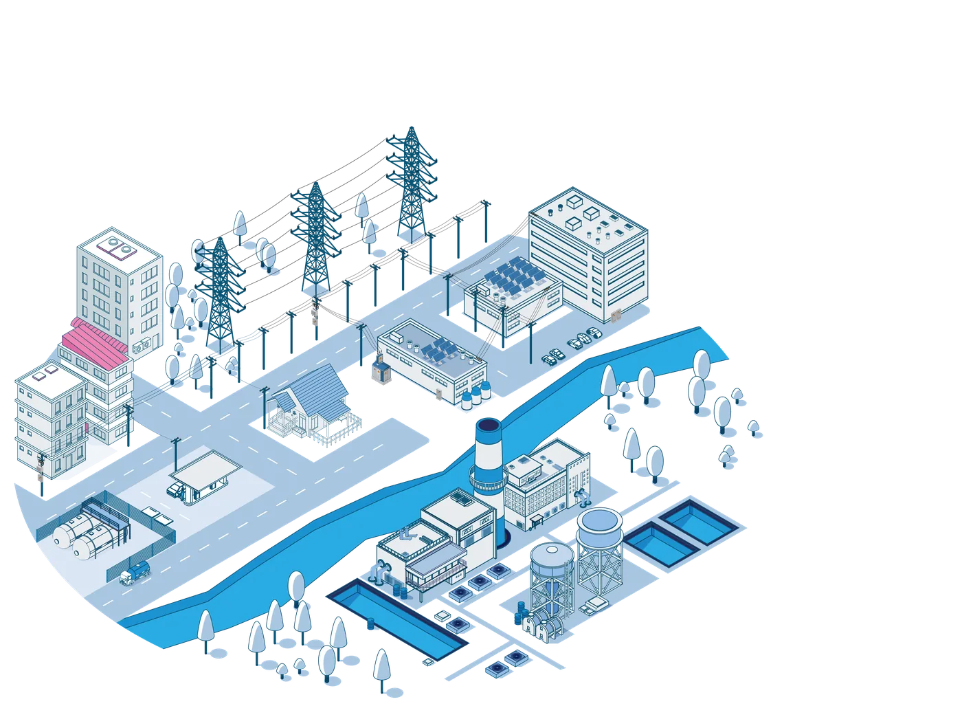 Ilustración transparente de servicios públicos y utilities IoTiva con infraestructura conectada, sensores, energía, agua y monitoreo de redes urbanas